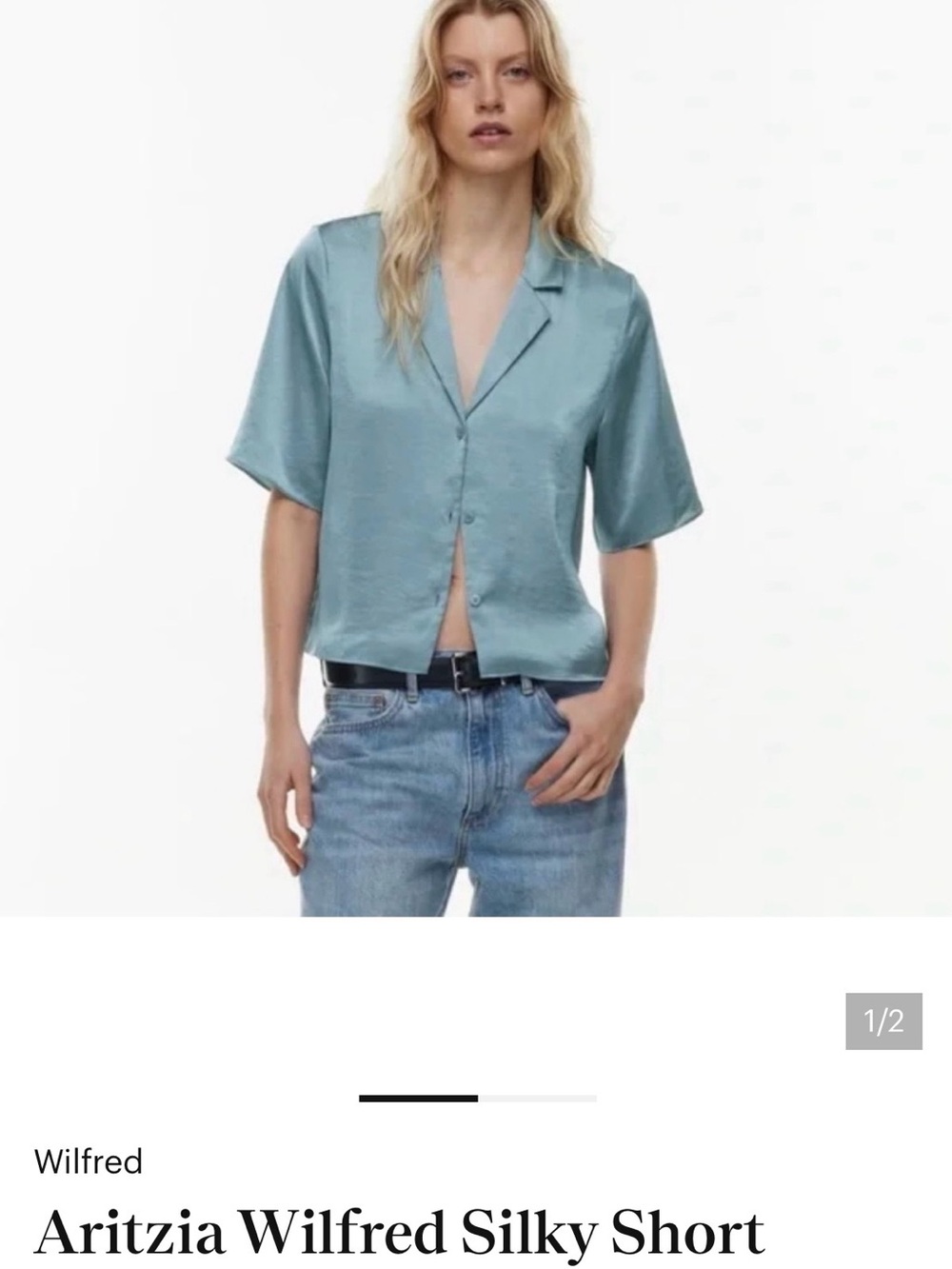 Wilfred Satin Short-Sleeve Button Front Top in Slab Blue. Medium. New with tags